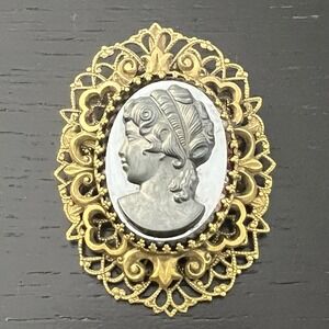 Vintage Hematite‎ Glass Cameo Brooch Pendant Necklace Gold Filigree Neoclassical